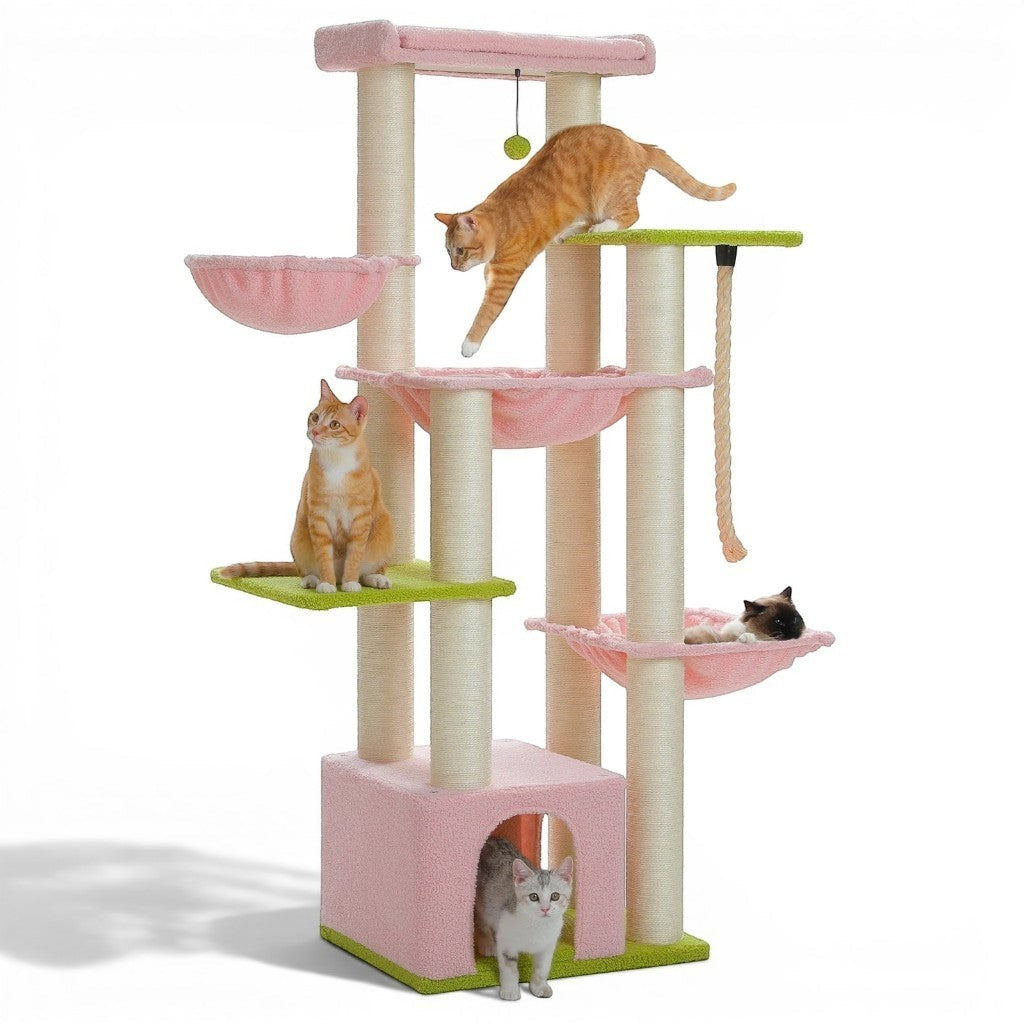 Arbre à chat multi-niveaux Esprit Chat avec hamacs roses, plateformes vertes, poteaux en sisal et maisonnette