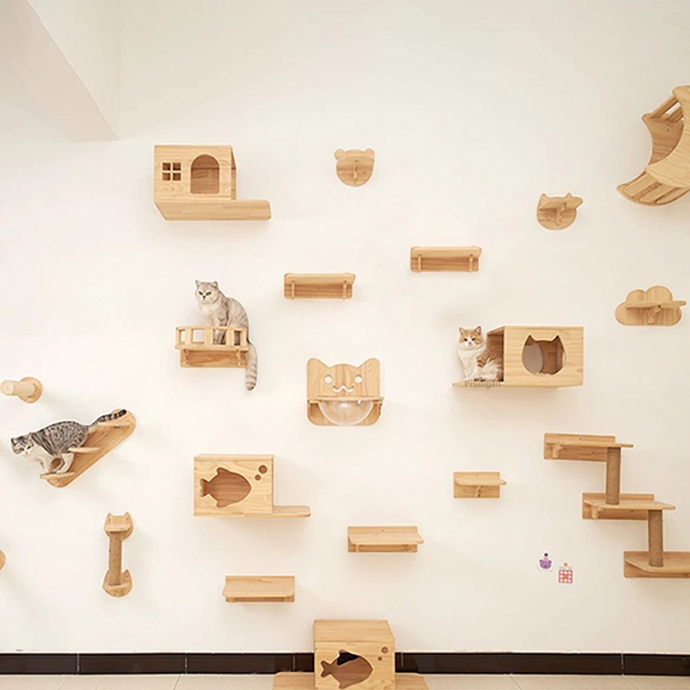 Mur d'escalade Esprit Chat en bois massif avec étagères, niches et perchoirs pour le confort et le jeu des chats.