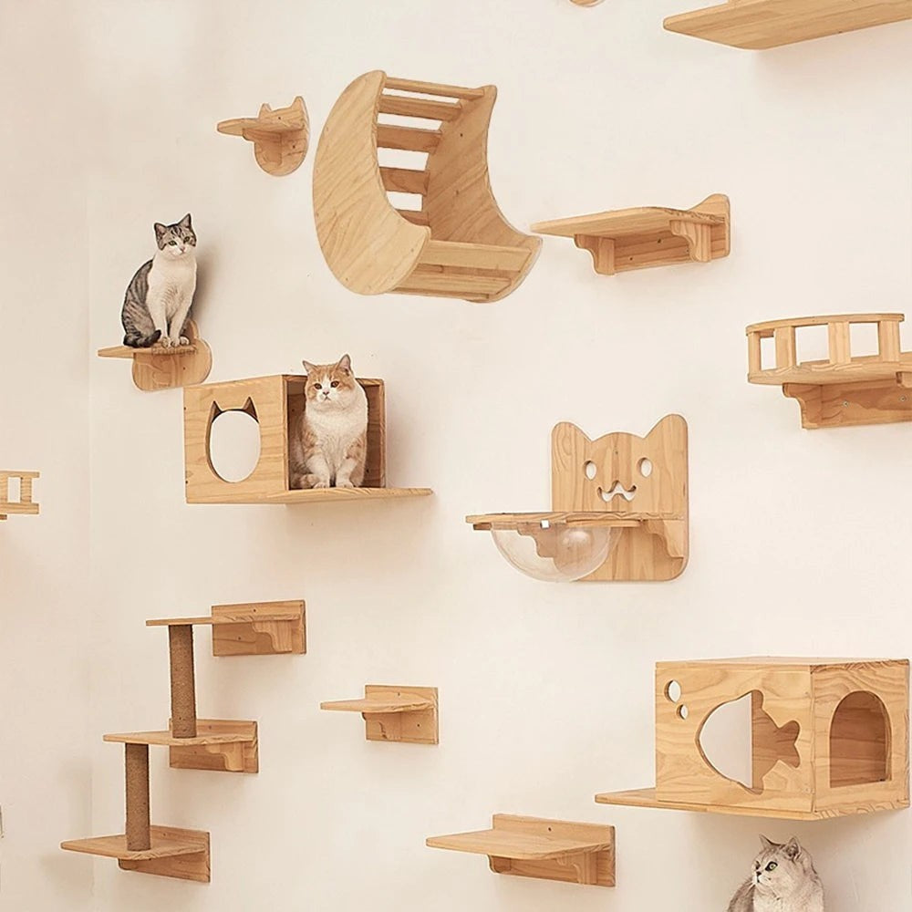 Mur d'escalade Esprit Chat en bois avec étagères, niches et perchoirs pour le confort et l'activité des chats