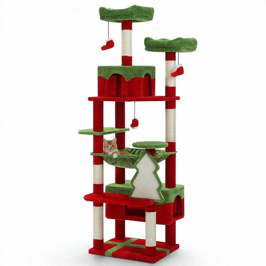 Arbre à chat PAWZ Road rouge et vert avec hamac, perchoirs rembourrés et poteaux à gratter en sisal.