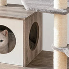 Arbre à chats Esprit Chat en bois grège avec niche, poteaux en sisal et plateforme en peluche douce pour chat