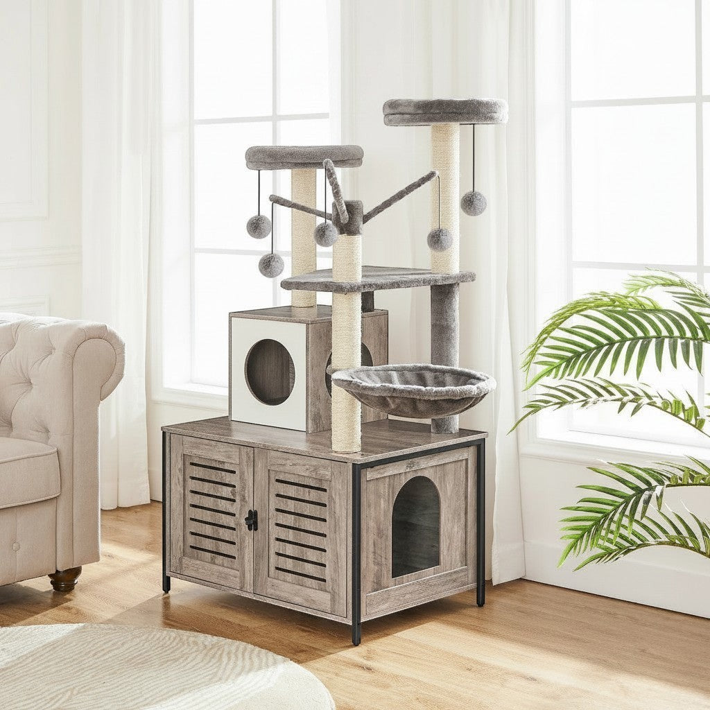 Arbre à chats Esprit Chat multi-niveaux en bois grège avec niche, hamac, poteaux en sisal et jouets suspendus