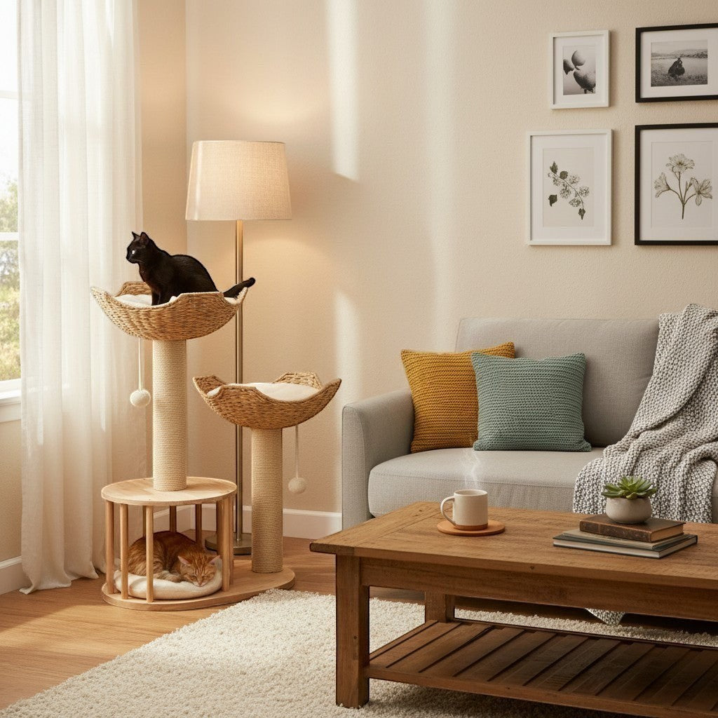 Arbre à chat Esprit Chat 3 niveaux en bois naturel et blanc avec paniers tressés, coussins douillets et poteaux à griffer en corde de sisal.