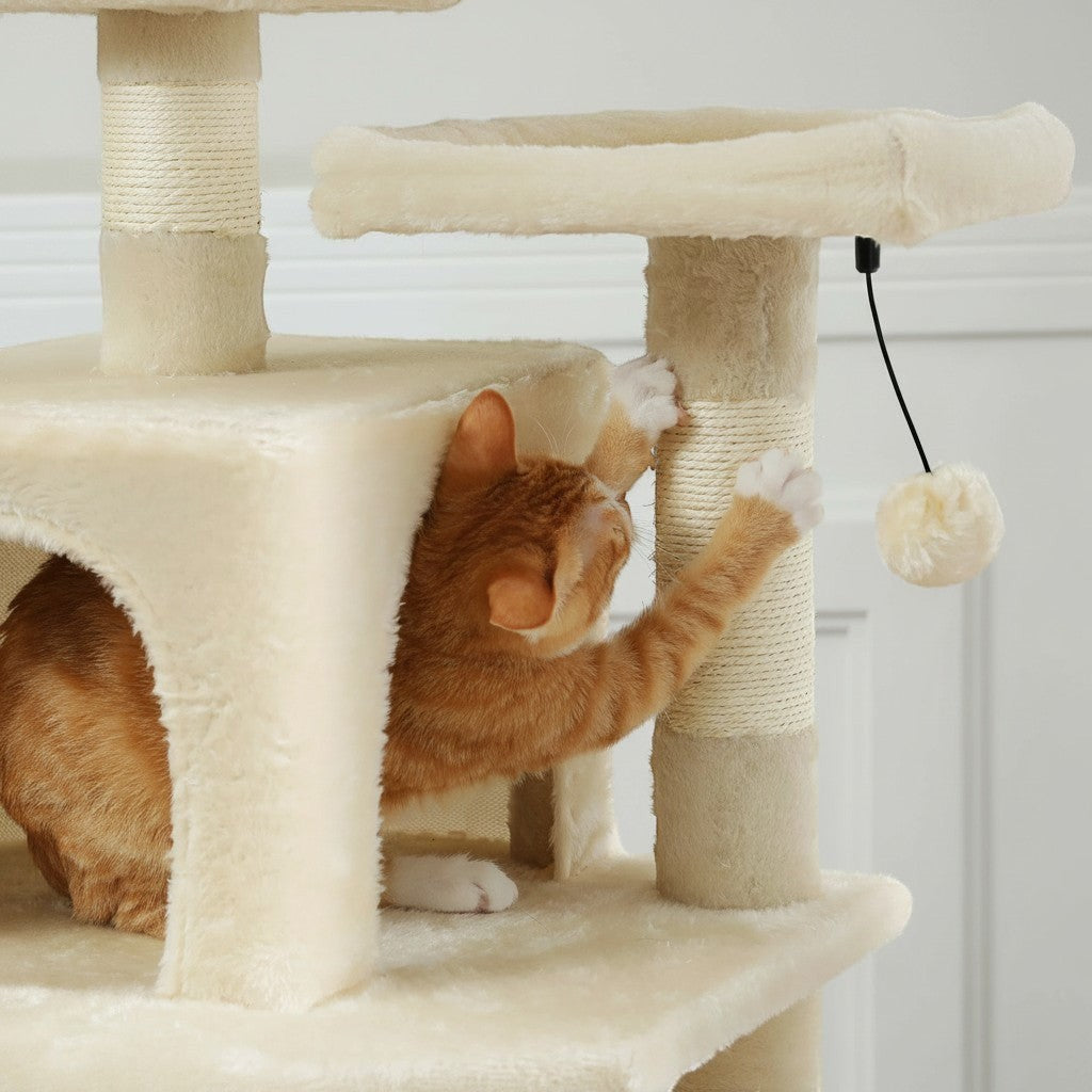 Arbre à chat PAWZ Road beige et gris avec poteaux recouverts de sisal et hamac spacieux.