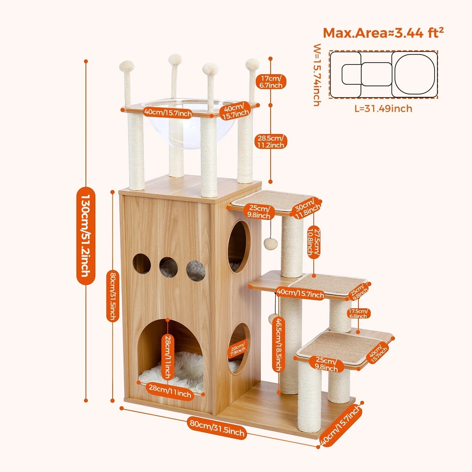 Arbre à chat Esprit Chat en bois beige avec plateforme, niche, hamac en acrylique et poteaux à griffer en sisal.