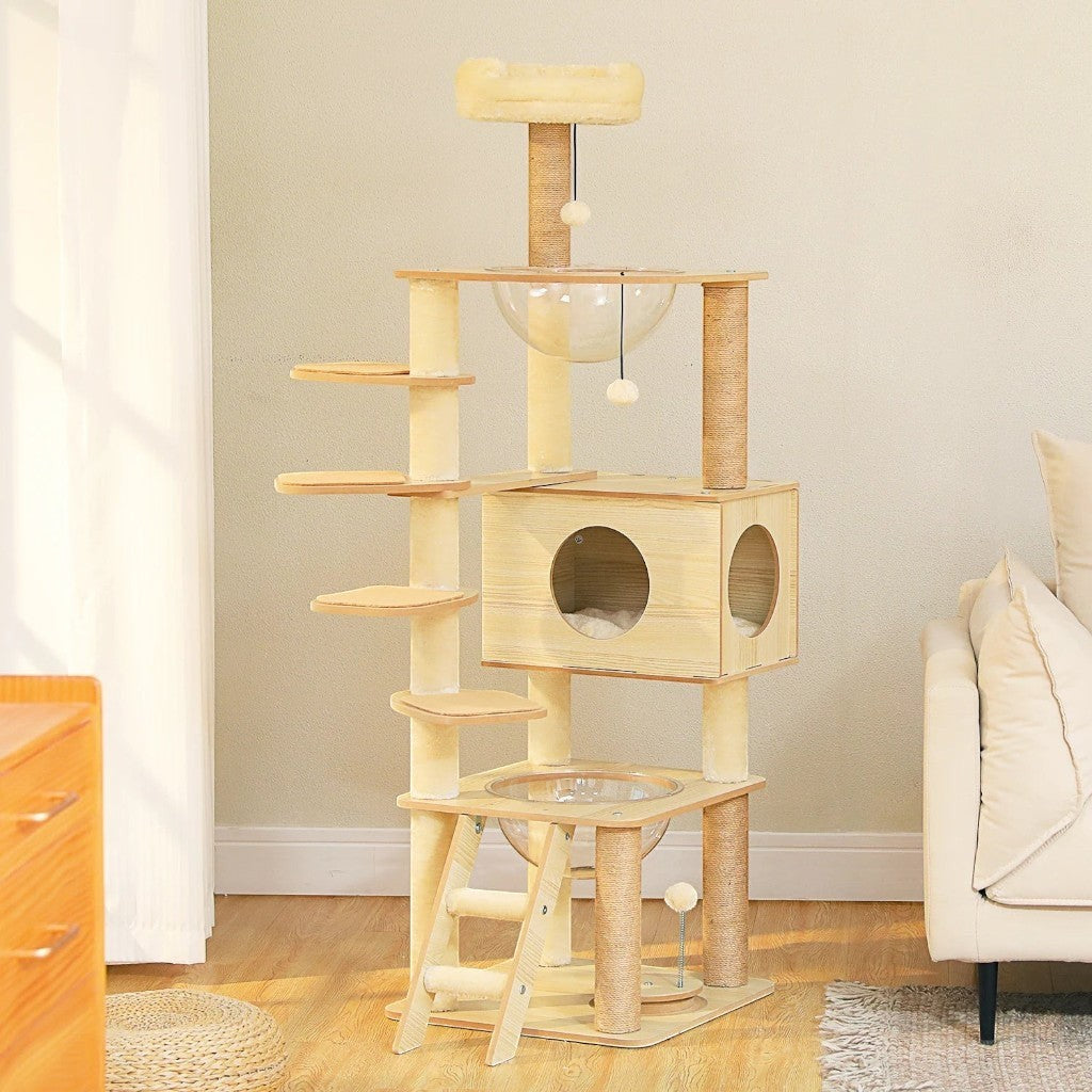 Arbre à chat multi-niveaux Esprit Chat en bois beige avec hamacs en acrylique, plateforme, condo et griffoirs sisal.
