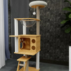 Arbre à chat Esprit Chat en bois clair à plusieurs niveaux avec niche, hamac transparent et poteaux à griffer