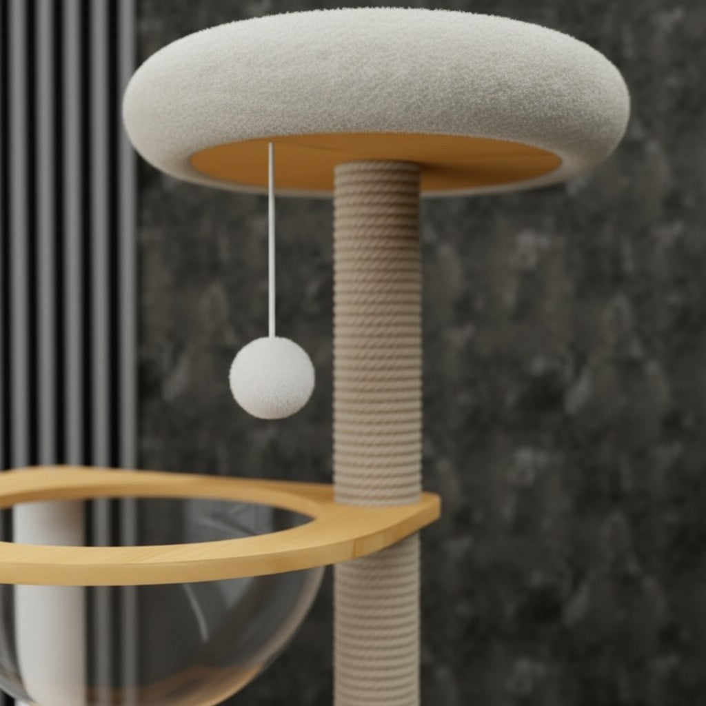 Arbre à chat Esprit Chat en bois clair avec plateforme rembourrée douce, poteau en sisal et boule de jeu suspendue