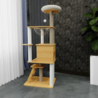 Arbre à chat Esprit Chat en bois clair à plusieurs niveaux avec plateforme, niche, hamac transparent et griffoirs