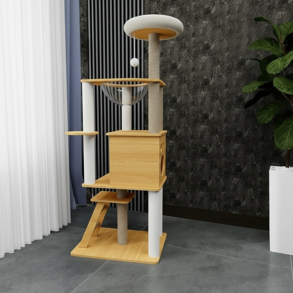 Arbre à chat Esprit Chat en bois clair à plusieurs niveaux avec plateforme, niche, hamac transparent et griffoirs