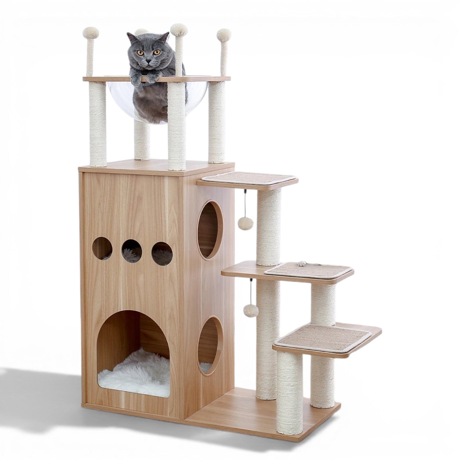 Arbre à chat en bois Esprit Chat avec niche, hamac en acrylique, poteaux à griffer et plateformes pour plusieurs chats