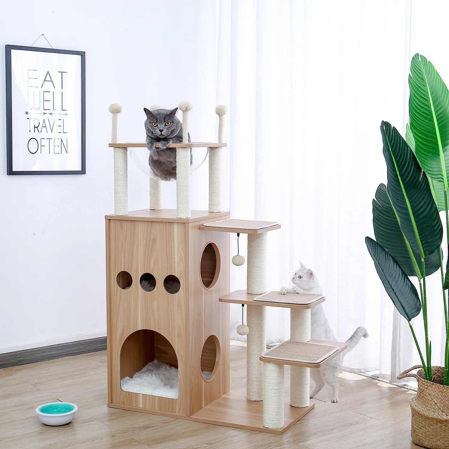 Arbre à chat en bois Esprit Chat avec niche, hamac en acrylique, poteaux à griffer et plateformes pour plusieurs chats