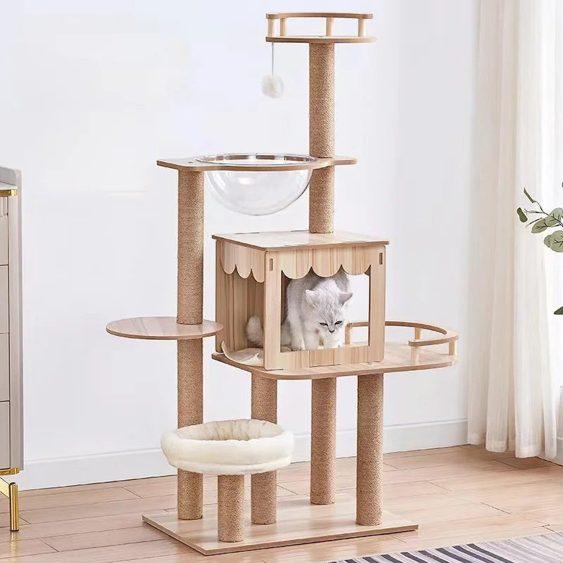 Arbre à chat Esprit Chat en bois multi-niveaux avec niche, hamac transparent et poteaux en sisal pour grands chats