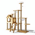 Arbre à chat Esprit Chat multi-niveaux en bois clair avec maisonnette, échelles, poteaux en sisal et bulles transparentes