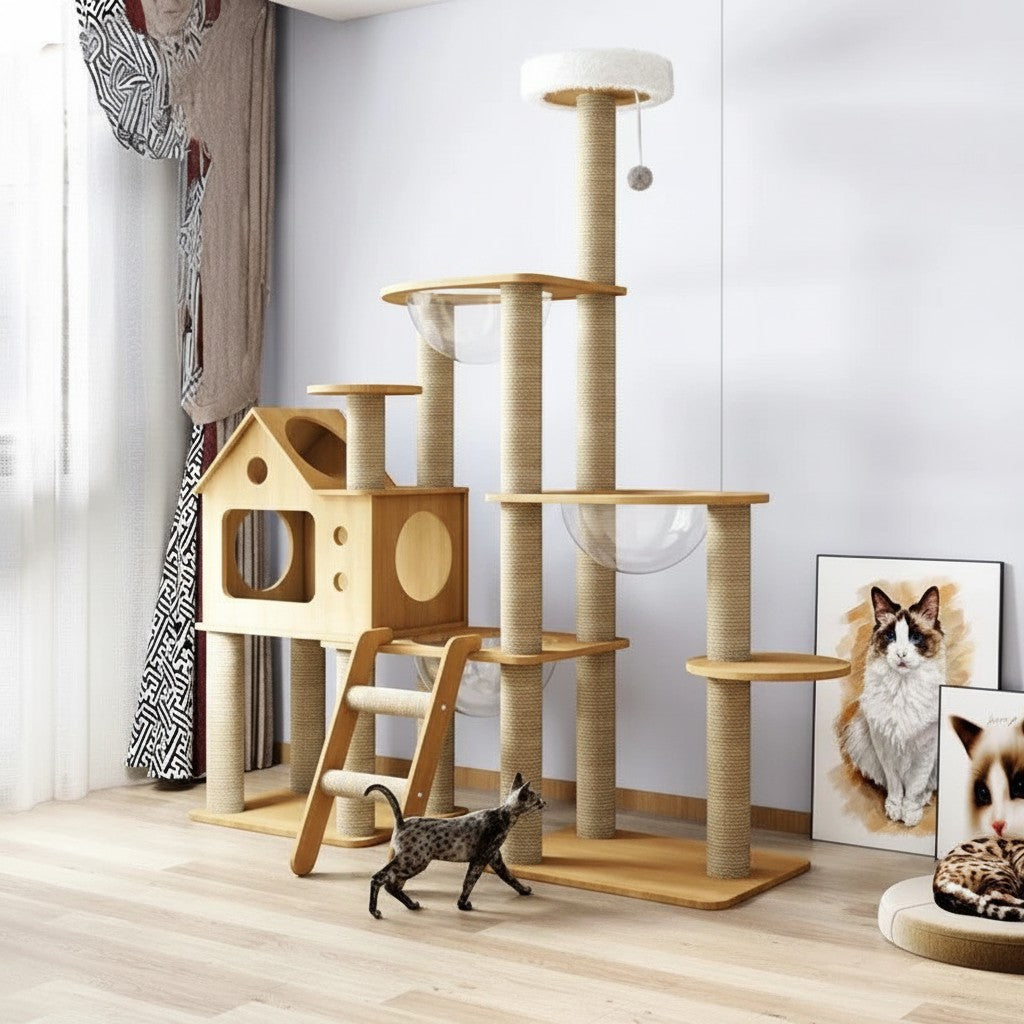 Arbre à chat Esprit Chat en bois avec maison, échelles, poteaux à griffer et bols transparents pour grands chats