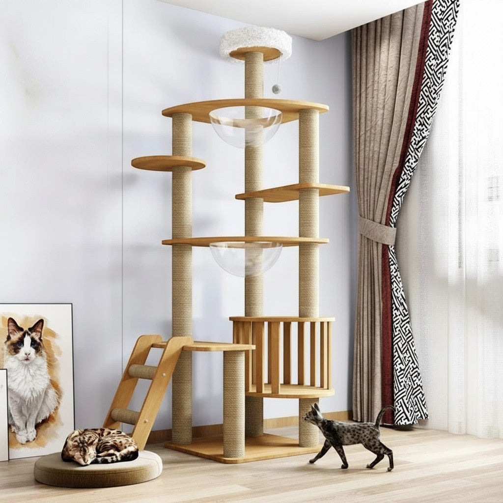 Arbre à chat Esprit Chat multi-niveaux en bois avec hamacs transparents et poteaux à griffer en sisal