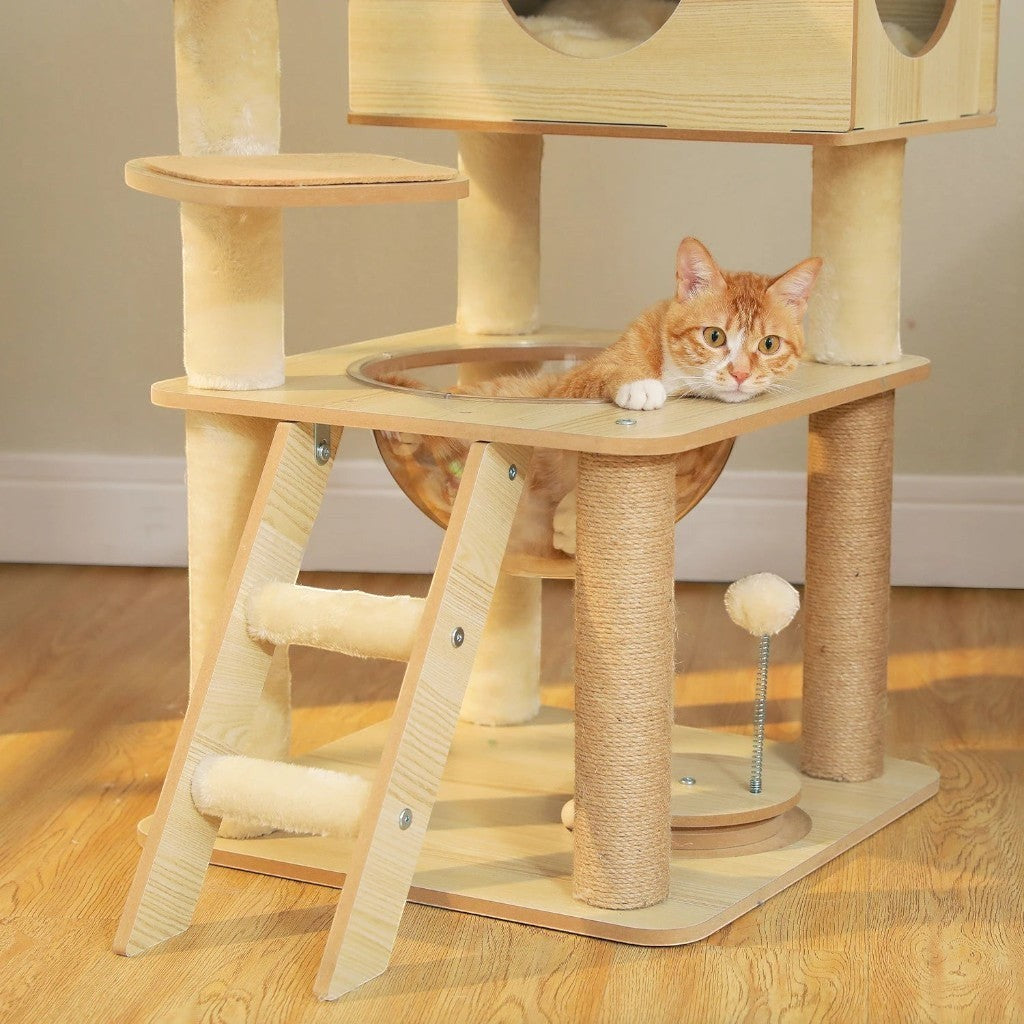 Arbre à chat en bois Esprit Chat avec hamac en acrylique, poteaux en sisal et échelle pour chat roux