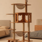 Arbre à chat moderne Esprit Chat en bois à cinq niveaux avec niches en forme de tête de chat et bols transparents