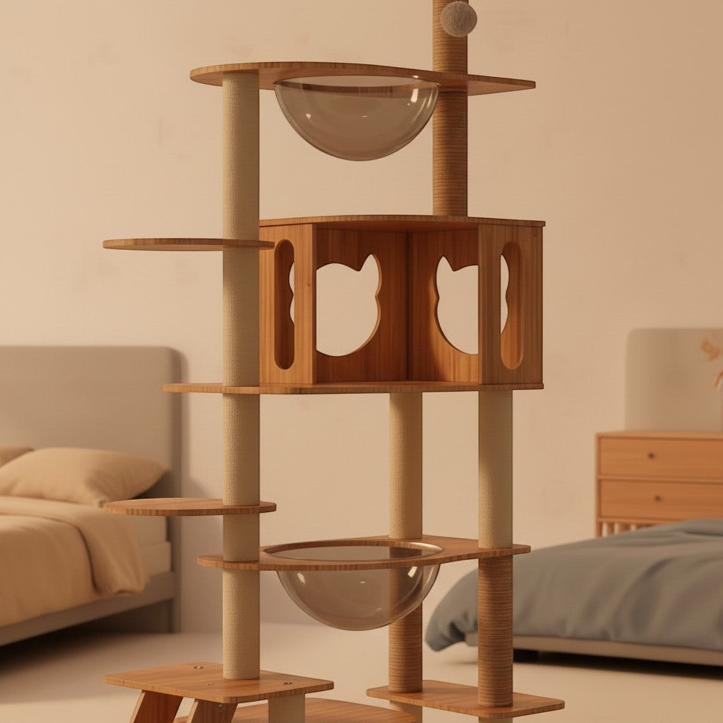 Arbre à chat moderne Esprit Chat en bois à cinq niveaux avec niches en forme de tête de chat et bols transparents