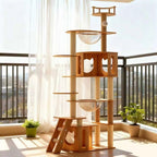 Arbre à chat Esprit Chat moderne en bois à cinq niveaux avec plateformes, échelles et bols transparents pour chat