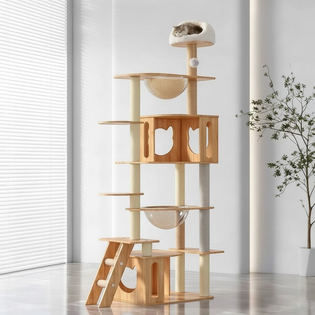 Arbre à chat moderne Esprit Chat en bois à plusieurs niveaux avec hamacs transparents et niches pour chat