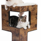 Arbre à chat moderne en bois Esprit Chat avec niche confortable, coussins amovibles et texture grain de bois marron