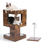 Arbre à chat moderne en bois Esprit Chat avec niche, coussins doux et jouet à ressort pour le confort des félins