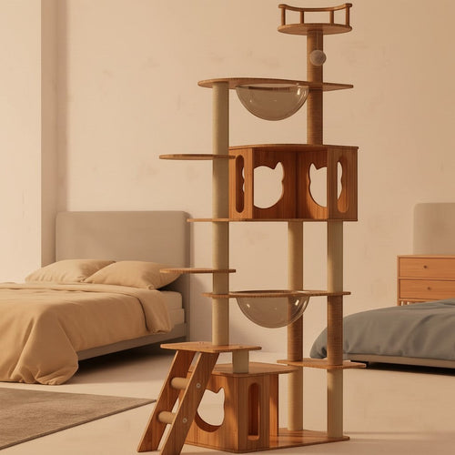 Arbre à chat moderne Esprit Chat en bois à plusieurs niveaux avec hamacs transparents et niches pour chat