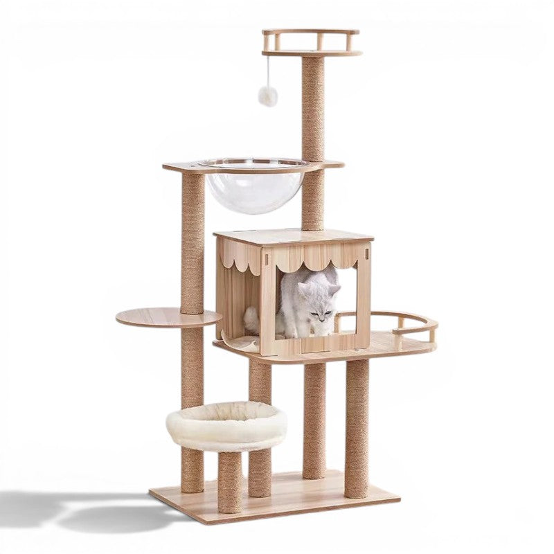 Arbre à chat Esprit Chat en bois multi-niveaux avec niche, hamac transparent et poteaux en sisal pour grands chats