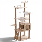 Arbre à chat Esprit Chat en bois naturel à plusieurs niveaux avec griffoirs en sisal, niches et bols transparents