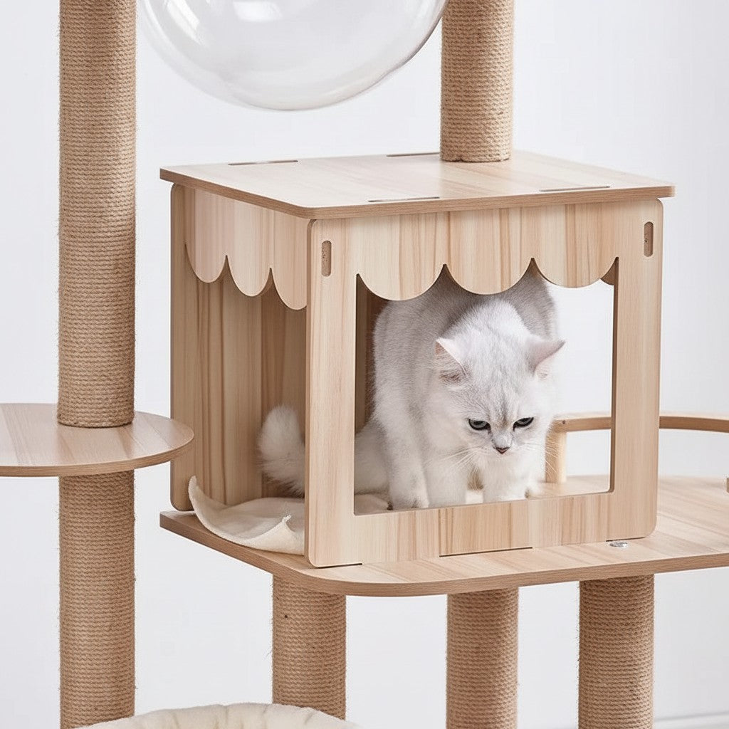Arbre à chat Esprit Chat en bois clair avec niche décorative et poteaux en sisal, chat blanc à l'intérieur