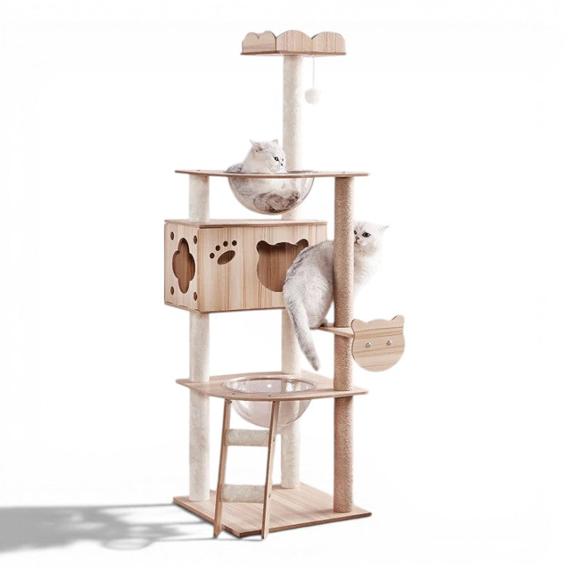 Arbre à chat Esprit Chat en bois à plusieurs niveaux avec niches, échelles et bols transparents pour grands chats