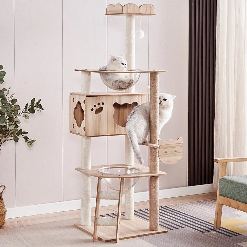 Arbre à chat Esprit Chat en bois à plusieurs niveaux avec hamacs transparents et niches pour grands chats