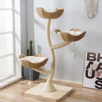 Arbre à chat Esprit Chat moderne en bois avec trois paniers en osier, sisal et coussins moelleux pour le repos