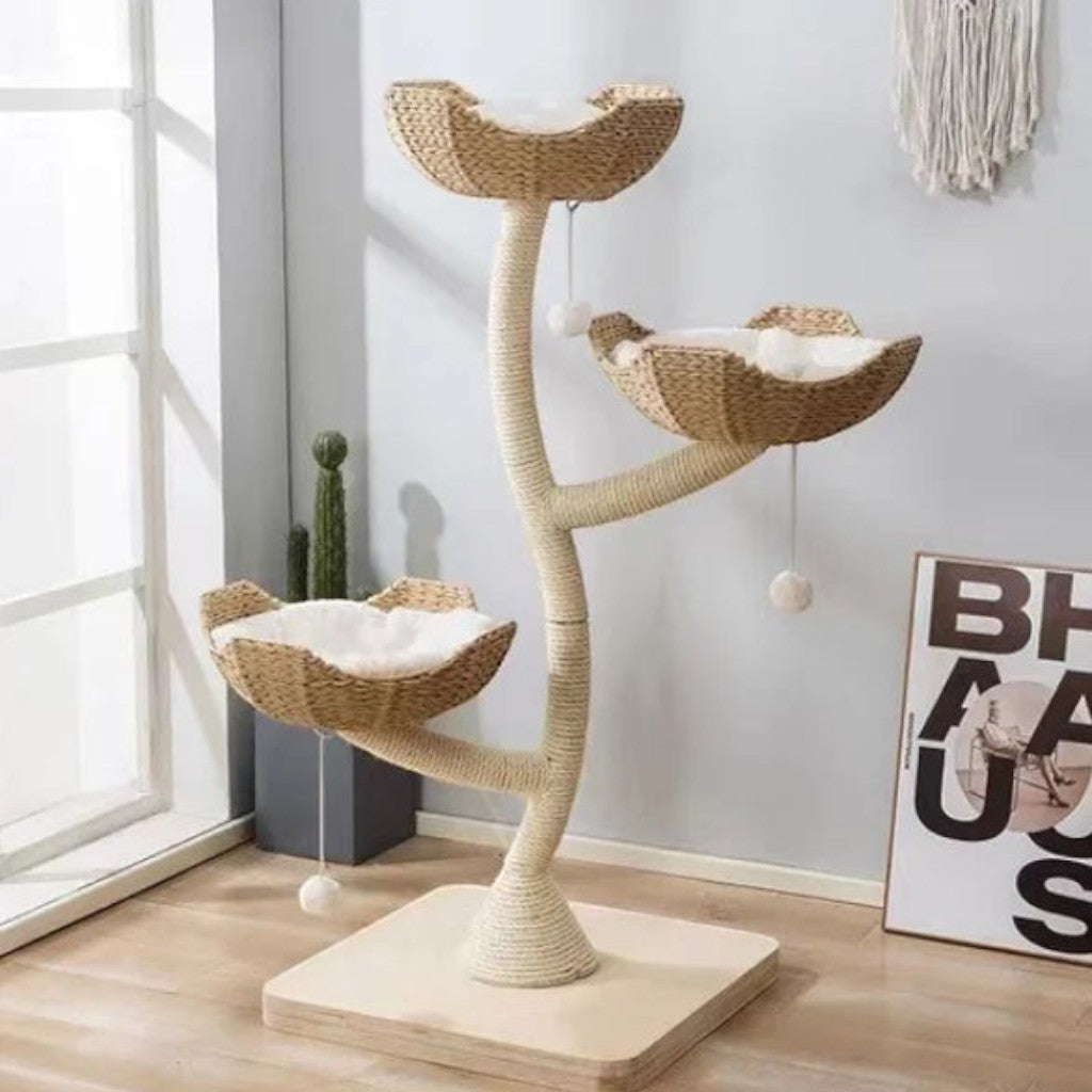 Arbre à chat Esprit Chat moderne en bois avec trois paniers en osier, sisal et coussins moelleux pour le repos