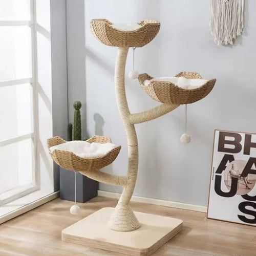 Arbre à chat Esprit Chat moderne en bois avec trois paniers en osier, sisal et coussins moelleux pour le repos
