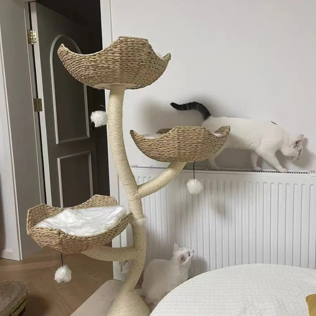 Arbre à chat Esprit Chat multi-niveaux en bois et sisal avec paniers tressés et jouets suspendus pour chat