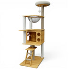 Arbre à chat Esprit Chat en bois clair avec plusieurs niveaux, niche, échelle et hamac transparent en hauteur