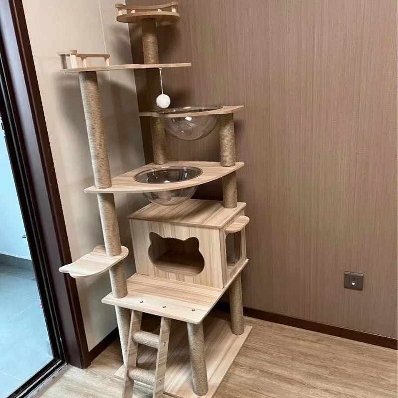 Arbre à chat Esprit Chat en bois multi-niveaux avec poteaux en sisal, niches et bols transparents pour le repos