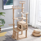 Arbre à chat Esprit Chat en bois multi-niveaux avec perchoirs, niches et bols transparents pour le repos et le jeu