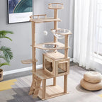 Arbre à chat Esprit Chat en bois multi-niveaux avec perchoirs, niches et bols transparents pour le repos et le jeu