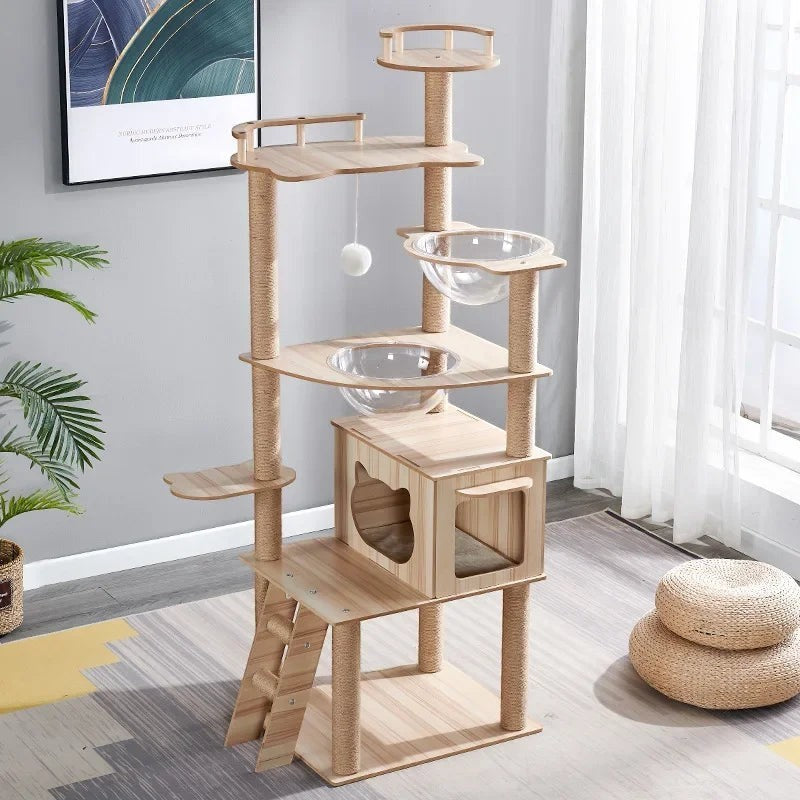 Arbre à chat Esprit Chat en bois multi-niveaux avec perchoirs, niches et bols transparents pour le repos et le jeu