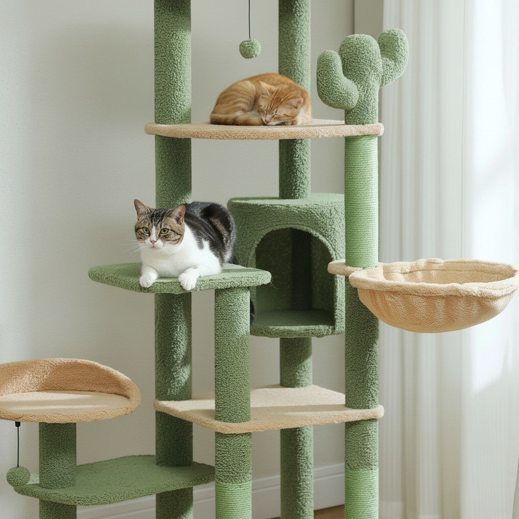 Arbre à chat multi-niveaux Esprit Chat en forme de cactus vert avec hamac, perchoirs et griffoirs en sisal