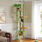 Arbre à chat Esprit Chat en forme de cactus vert, hauteur sol-plafond avec plateformes, hamac et griffoirs en bois.