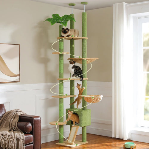 Arbre à chat Esprit Chat en forme de cactus vert, hauteur sol-plafond avec plateformes, hamac et griffoirs en bois.