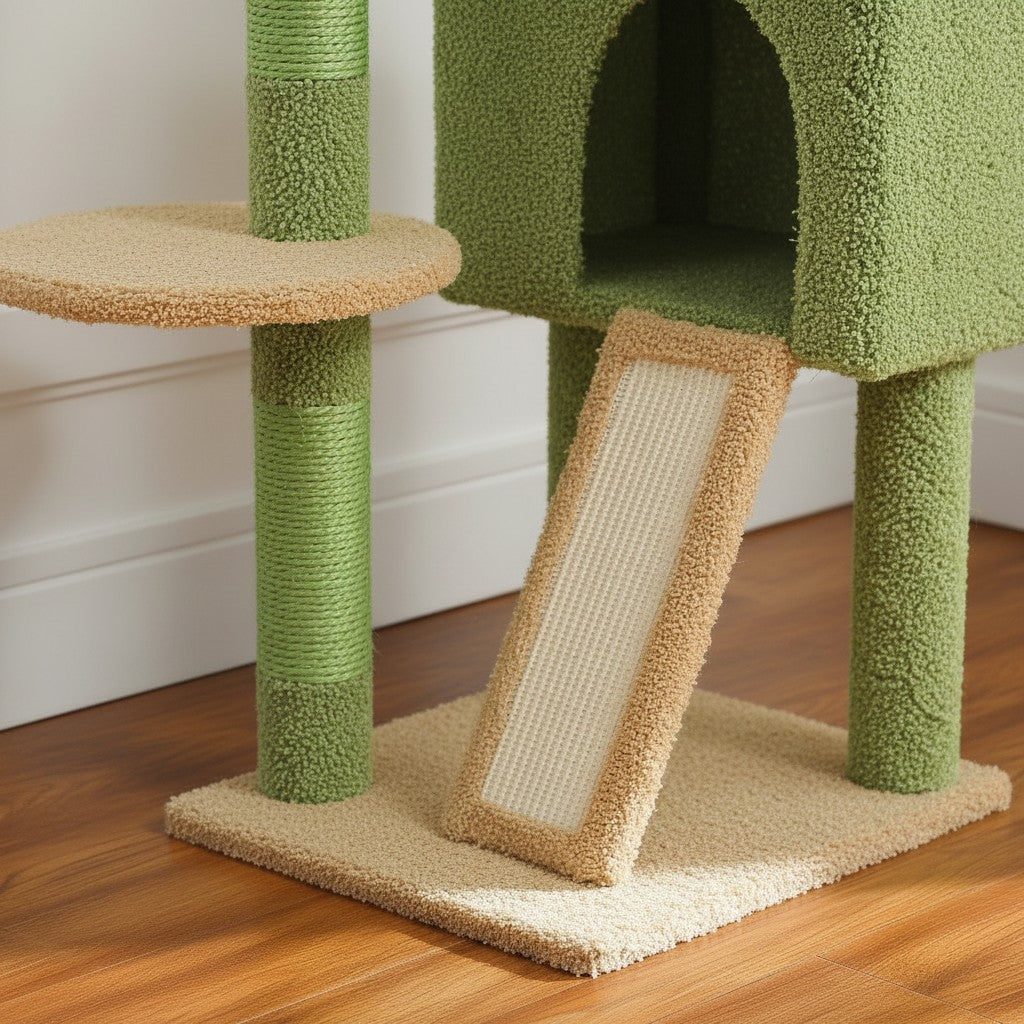 Arbre à chat Esprit Chat en forme de cactus vert et beige avec griffoir, plateforme et niche en bois pelucheux