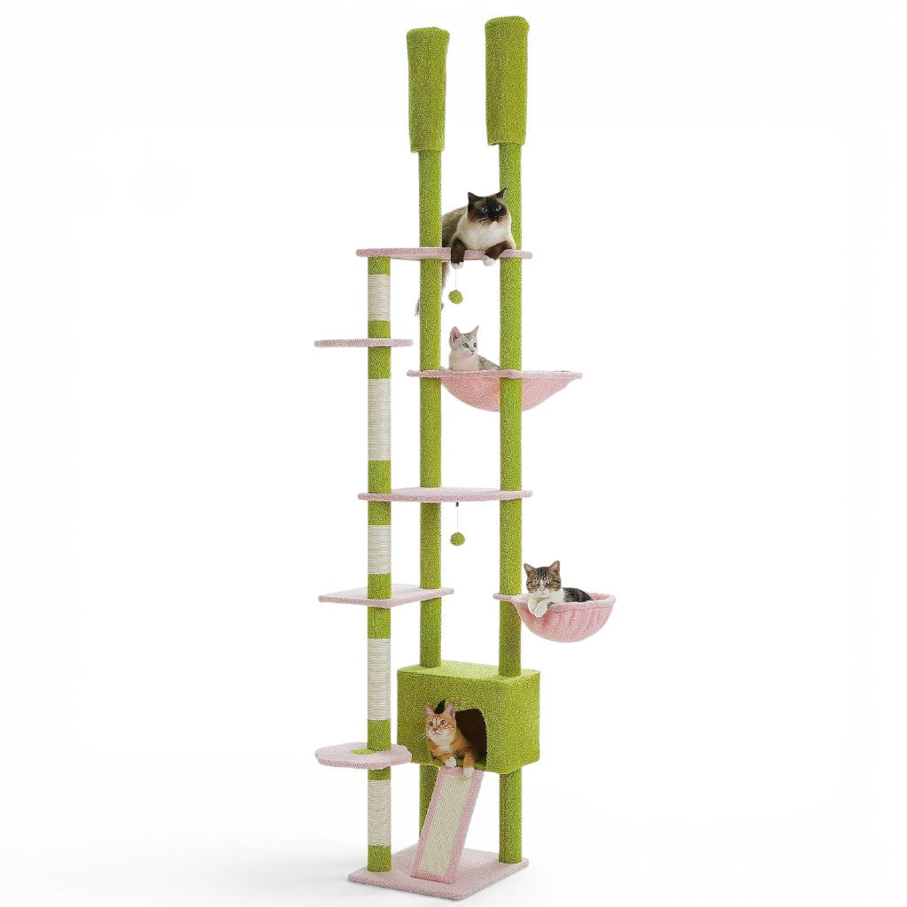 Arbre à chat Esprit Chat en forme de cactus vert et rose avec plusieurs niveaux, hamacs et griffoirs en bois