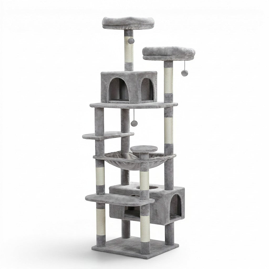Arbre à chat Esprit Chat gris et beige à plusieurs niveaux avec hamac, perchoirs rembourrés et condos.