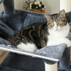 Arbre à chat PAWZ Road gris et beige avec hamac confortable et perchoirs rembourrés pour chats d'intérieur.