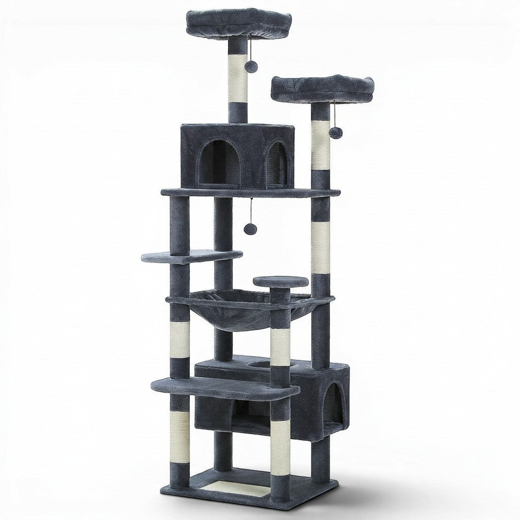 Arbre à chat PAWZ Road gris et beige à plusieurs niveaux avec hamac, perchoirs rembourrés et condos pour chats.